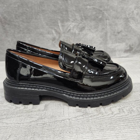 Masika Black Patent Leather Loafers with tassels, Size 40 (US 8.5) Thick-Soled - Picture 5 of 13